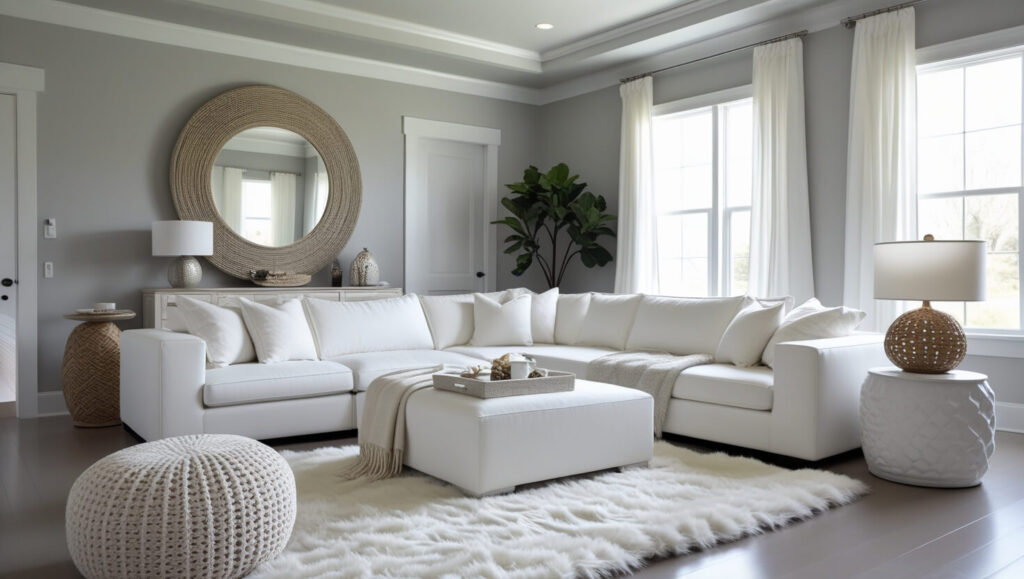 Bright living room with white walls and natural light streaming through large windows