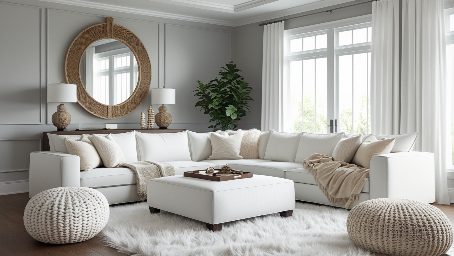 Bright living room with white walls and natural light streaming through large windows