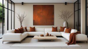 Fully styled cozy living room with a modular sofa, wooden accents, and soft lighting