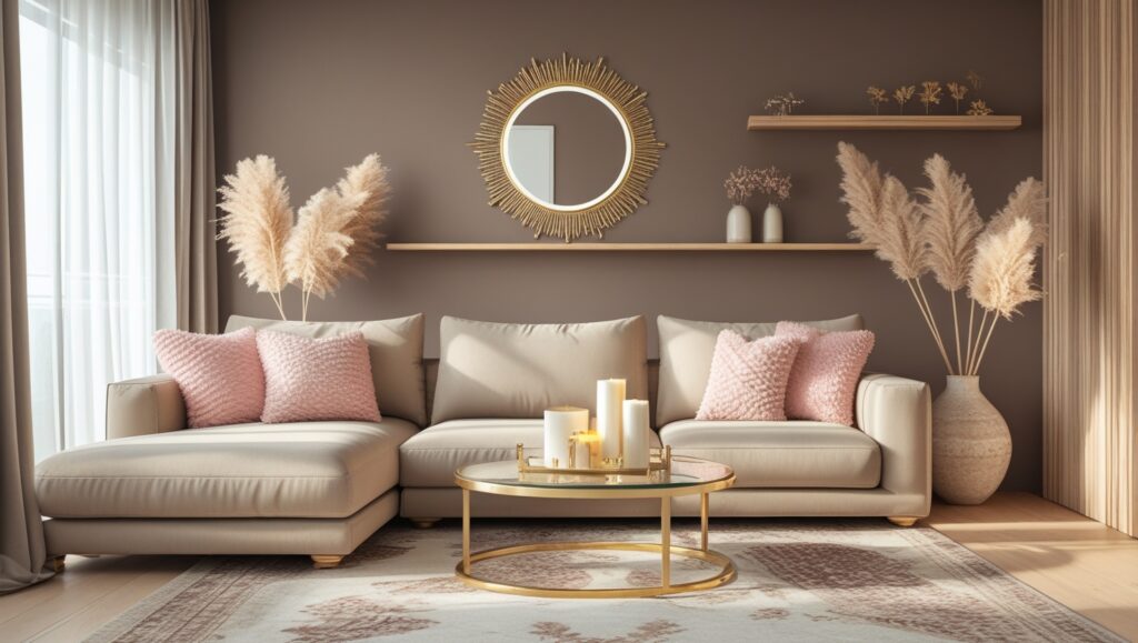 Beige couch with earthy-toned pillows like rust, mustard yellow, and olive green, perfect for autumn or rustic spaces.