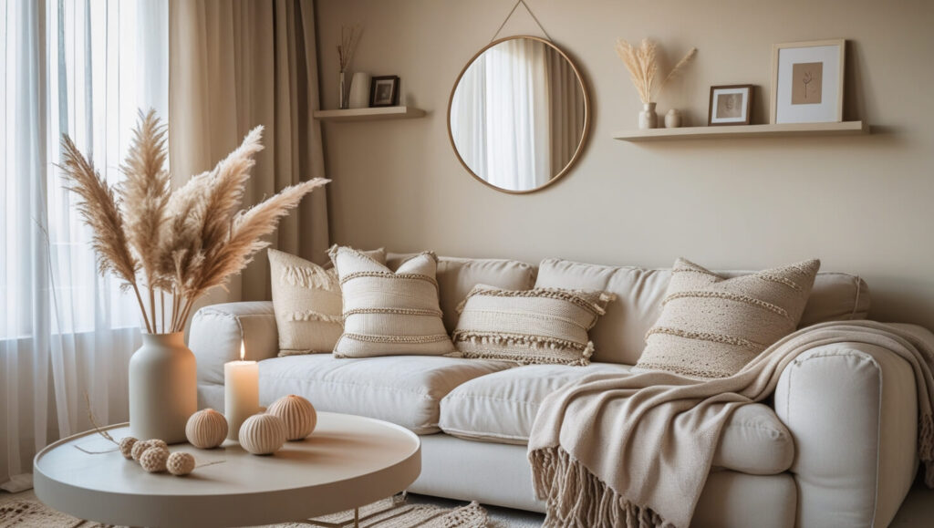 Beige couch styled with tone-on-tone pillows in different shades of beige and cream, showcasing a monochromatic and sophisticated look.