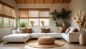 Minimalist small living room with soft lighting and neutral decor