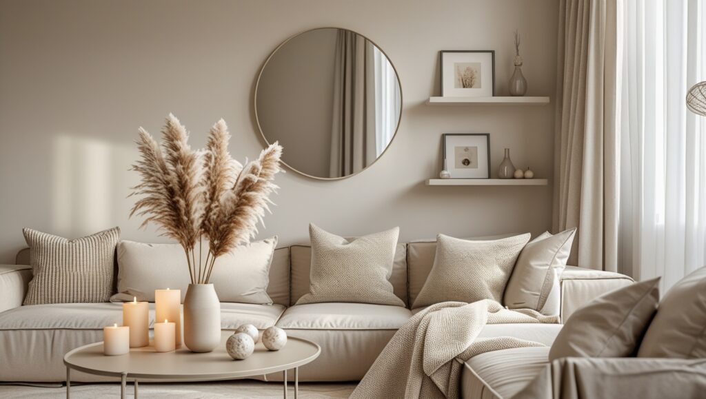Warm beige painted small living room with natural light, cream sofa, and minimalist decor.