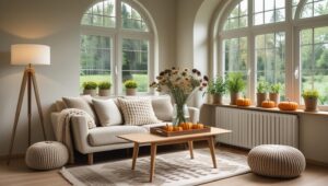 Light and airy summer living room decor with linen sofa, rattan coffee table, and natural sunlight