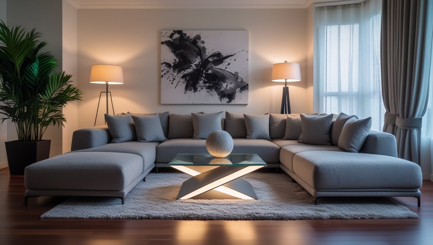 Smart white LED light bulb being adjusted using a smartphone app in a contemporary living room