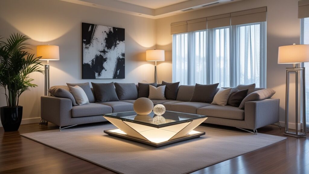 Modern living room illuminated with bright white LED ceiling lights, creating a cozy ambiance