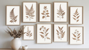 A stylish gallery wall with multiple botanical prints and a mix of frames.