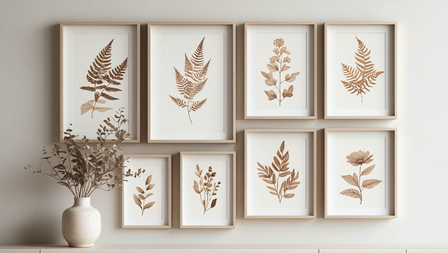 A stylish gallery wall with multiple botanical prints and a mix of frames.