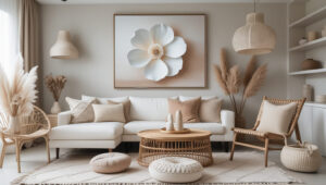 A cozy living room corner with warm lighting highlighting framed botanical art.