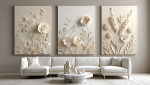 A cozy, neutral-toned living room with a large piece of pressed botanical wall art above a beige sofa.