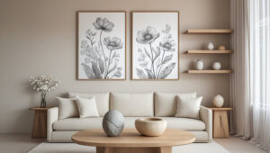 A floating shelf with leaned frames and small plants