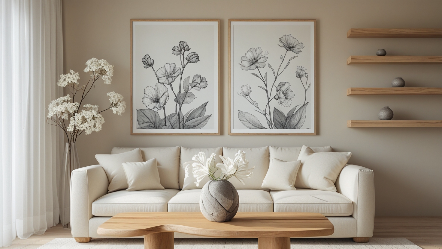 A floating shelf with leaned frames and small plants