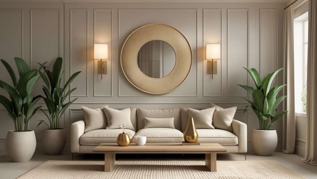 Cozy couch pillow arrangements with natural tones and warm lighting