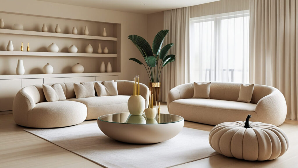 Jute rug with minimal coffee table and beige throw pillows in a natural living room