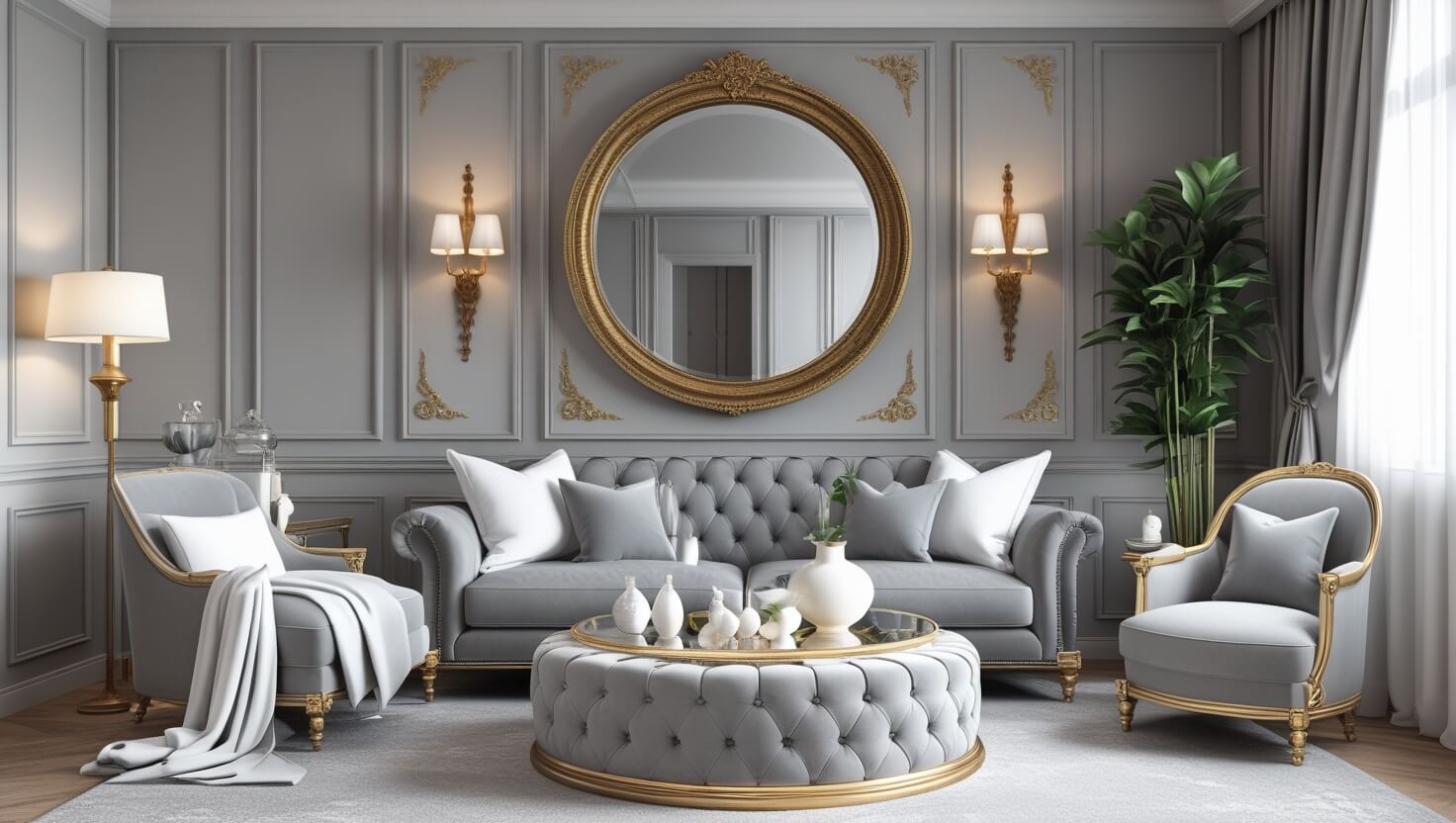 Neutral rug under sectional with chaise in a cozy living room with natural decor