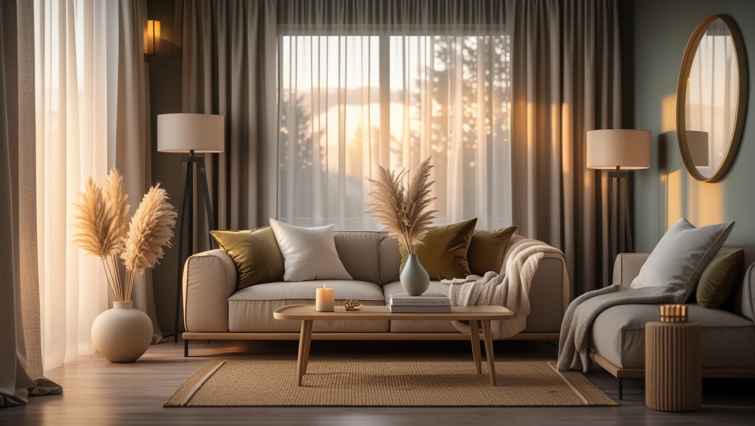Layered lighting setup with floor, table, and wall lamps in cozy space