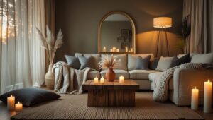 Warm, cozy living room with arc floor lamp next to a sofa