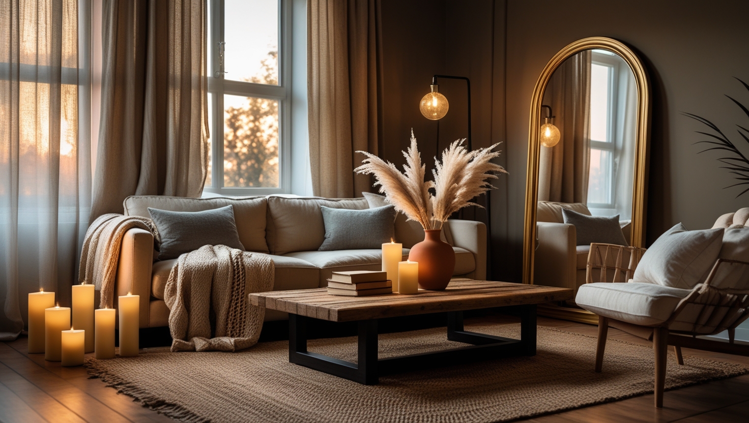 Tripod floor lamp with fabric shade in natural color living room