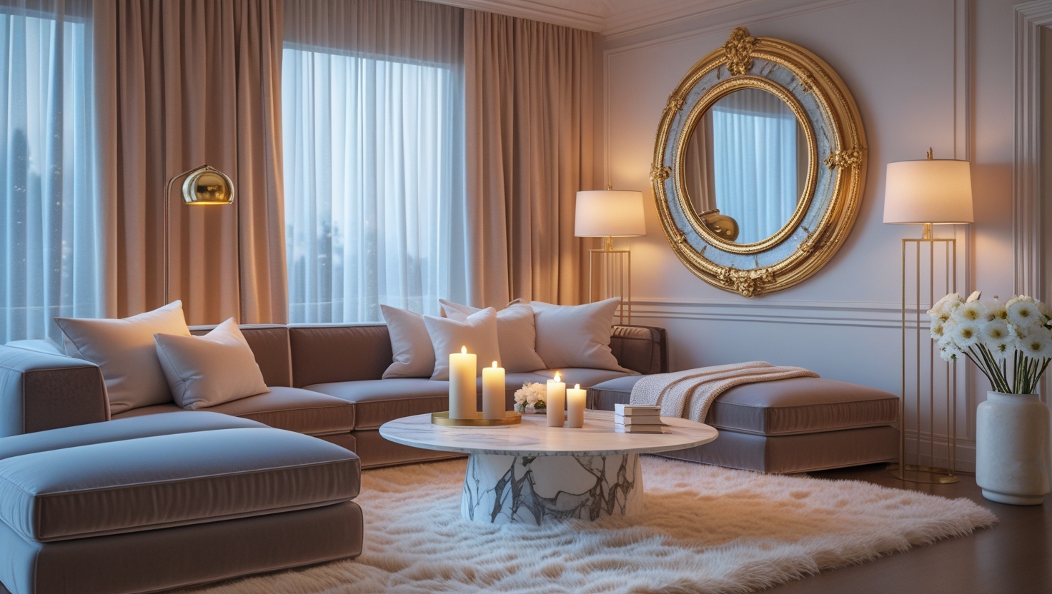 Wood floor lamp with linen shade in a cozy, natural-toned room