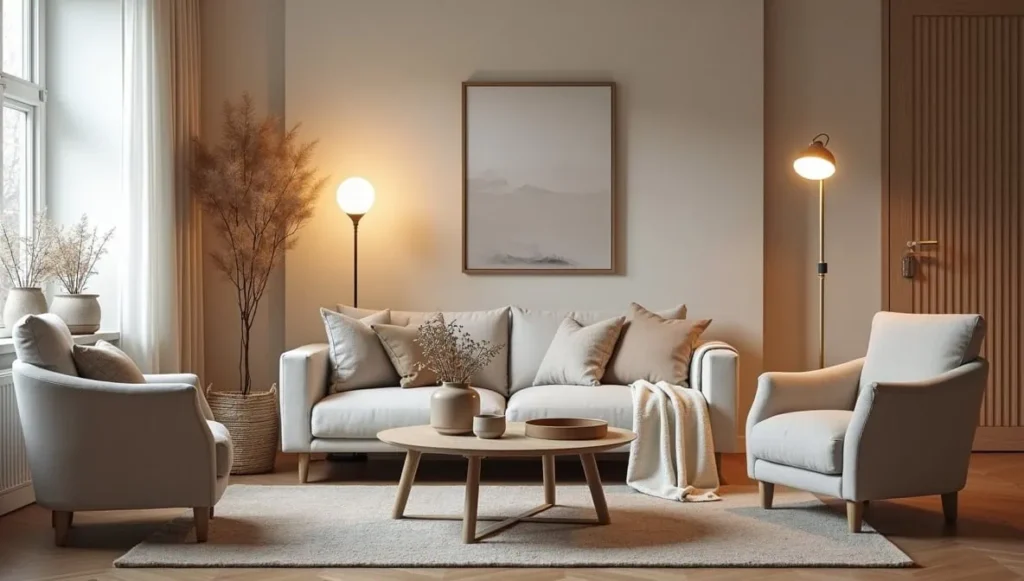 Cozy floor lamp in a small apartment living room with warm neutral decor
