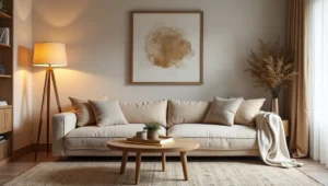 Wooden standing lamp with soft ambient glow