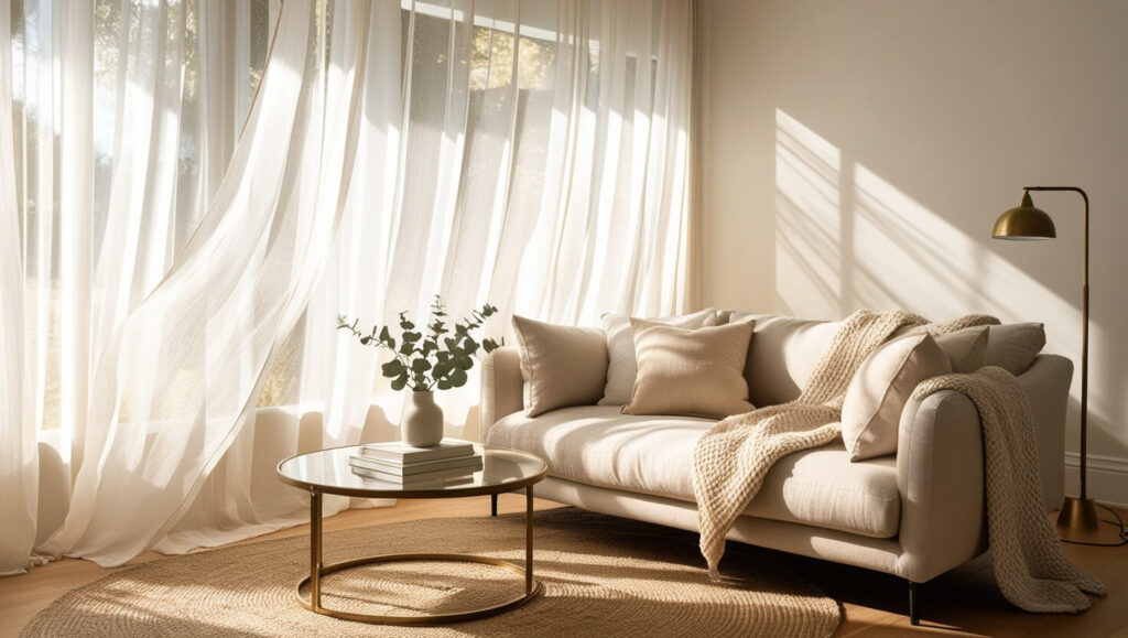 A sunlit living room with sheer curtains, a warm grey sofa, and golden light that enhances a neutral, cozy atmosphere.