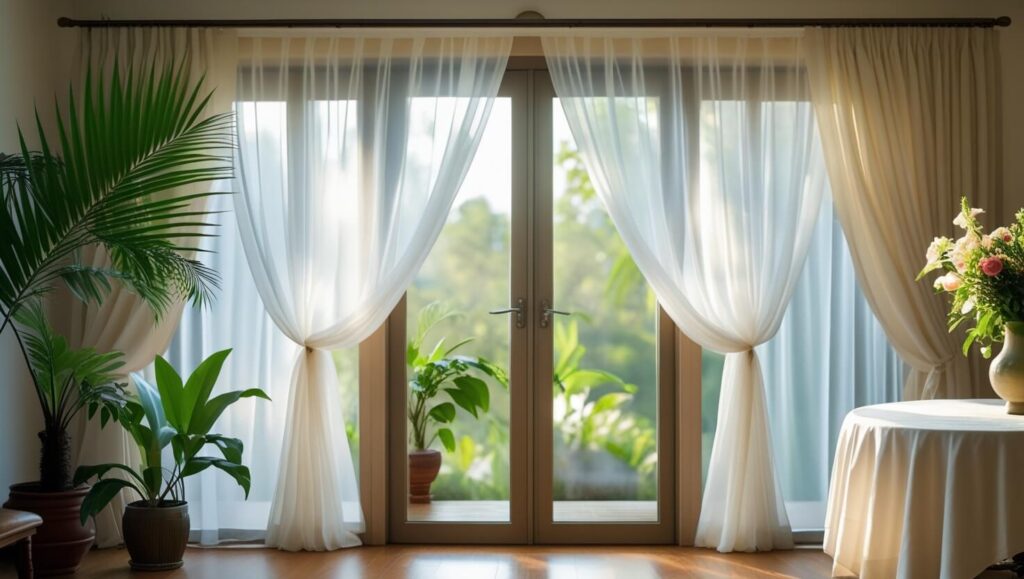 Neutral curtain styling in small space
