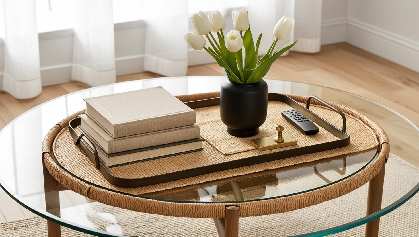 Close-up of a glass-top wood coffee table styled with books, a woven tray, a candle, and fresh flowers in a minimalist setting.