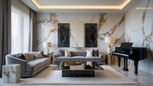 Luxury living room with marble texture-painted walls in soft grey and white veining, a plush velvet sofa, and a modern glass coffee table under elegant lighting.
