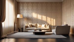 textured wall under warm lamp lighting in a cozy living room