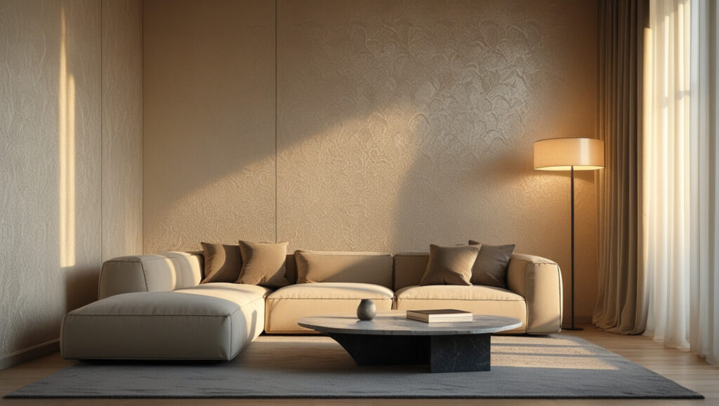 Cozy living room with textured beige painted walls and warm lighting