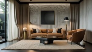 Serene living room with textured dusty grey and natural-toned walls, organic oak coffee table, plush neutral furniture, and warm layered lighting creating a cozy, grounded atmosphere.