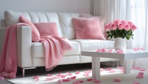 Simple summer living room decor: floral arrangements, scented candles, and airy throws