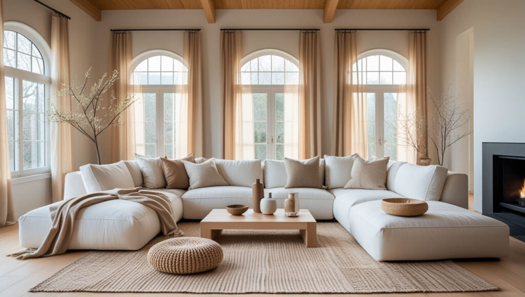 Living room with warm-toned pillows like mustard and rust adding depth to a neutral seating area
