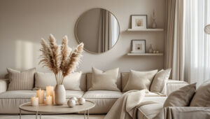 Cozy cream and taupe seating area with throw pillows