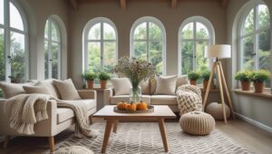 cozy living room decor with beige couch