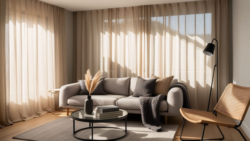 Modern beige curtains in cozy interior