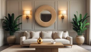 Cozy couch pillow arrangements with natural tones and warm lighting