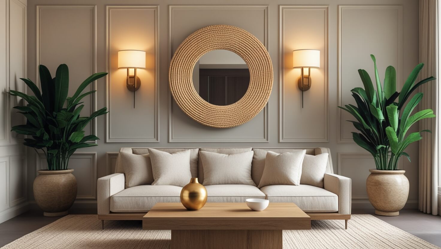 Cozy couch pillow arrangements with natural tones and warm lighting