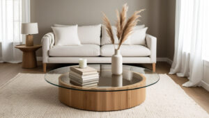 Minimalist round glass wood coffee table with beige sofa and neutral decor in a bright, airy living room with warm gray walls.