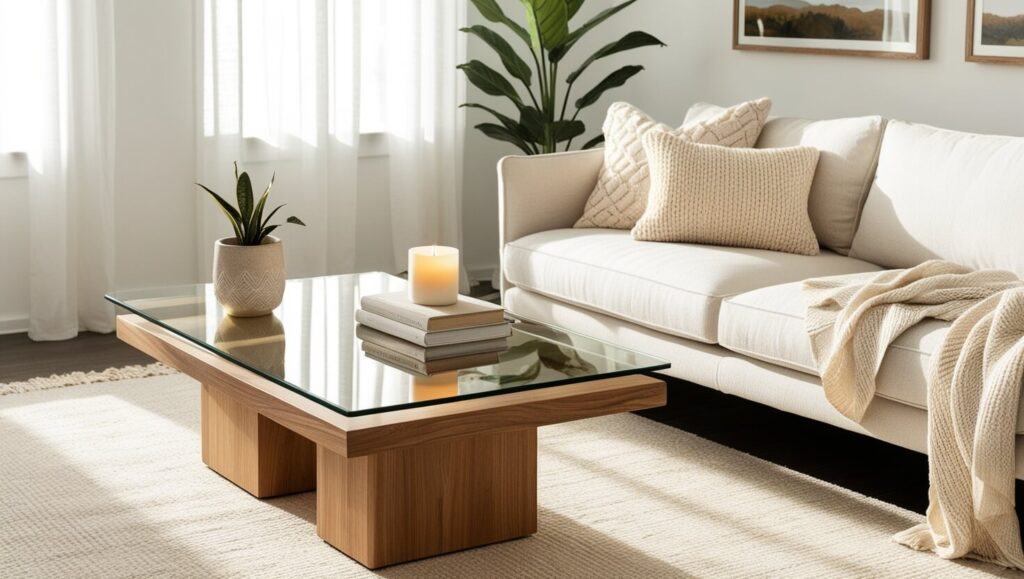Living room with beige sofa and natural light
