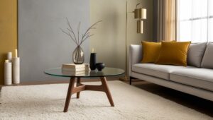 Warm grey living room with nesting glass-top coffee tables on a wooden base, styled with books and ceramics, beside a linen sofa and soft lighting.
