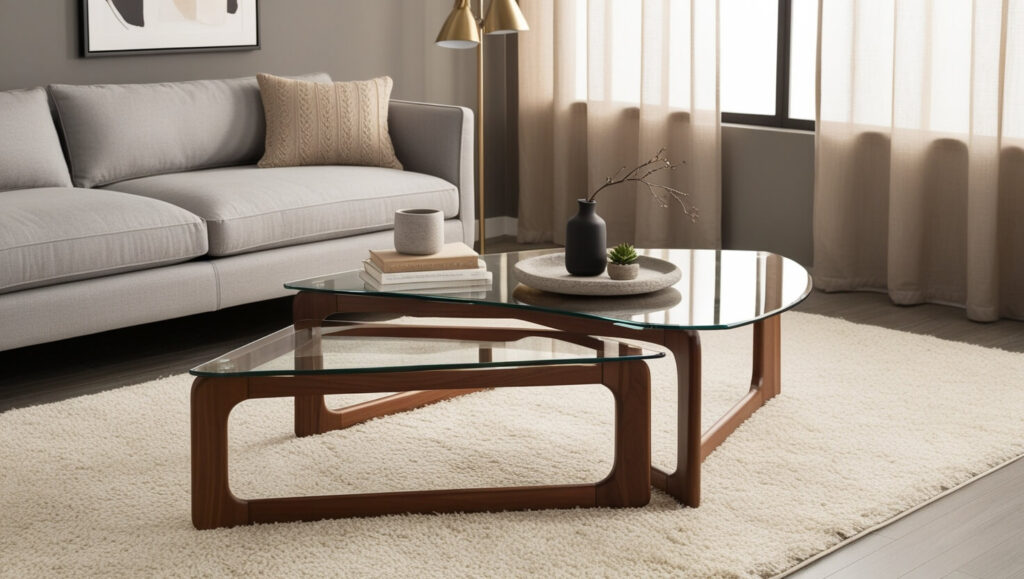 Glass wood coffee table in a bright living room
