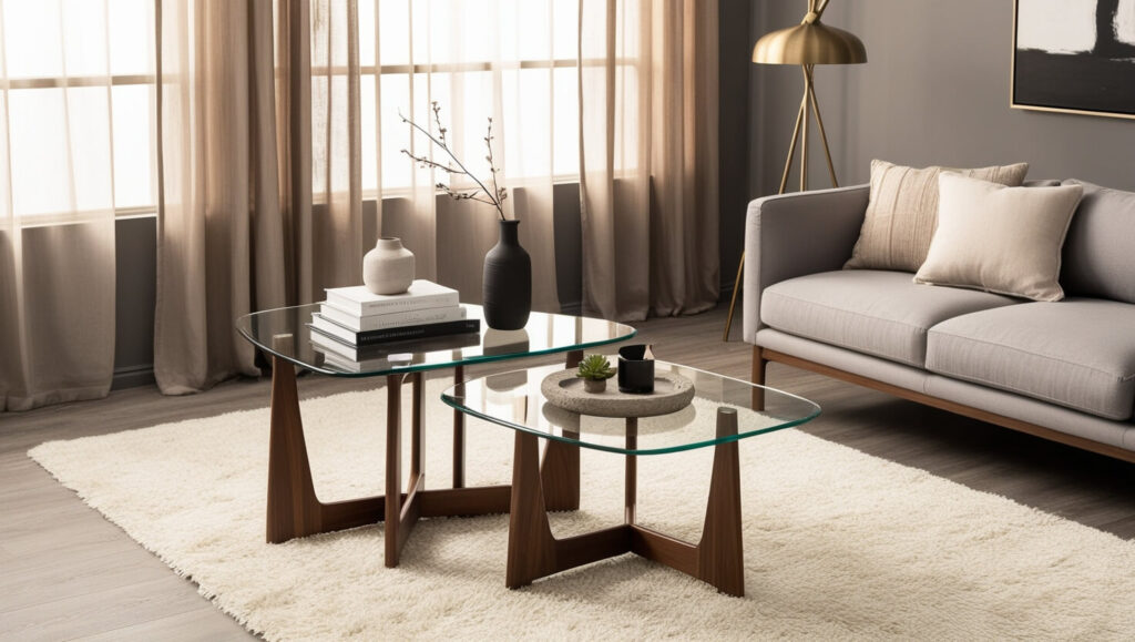 Bright living room with a glass-top coffee table, styled with a plant, candle, and books, in a cozy modern space filled with natural light.