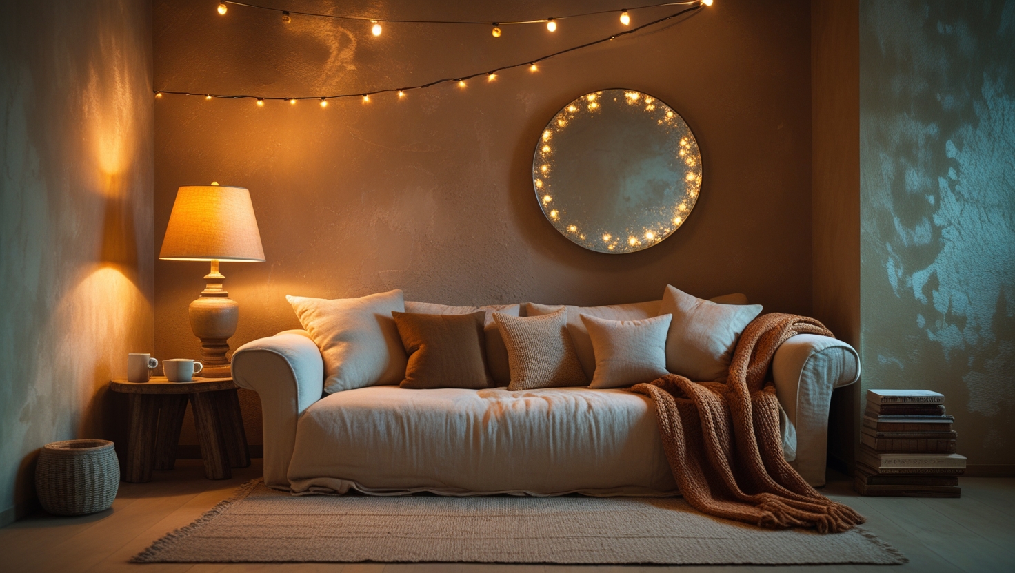 textured wall under warm lamp lighting in a cozy living room