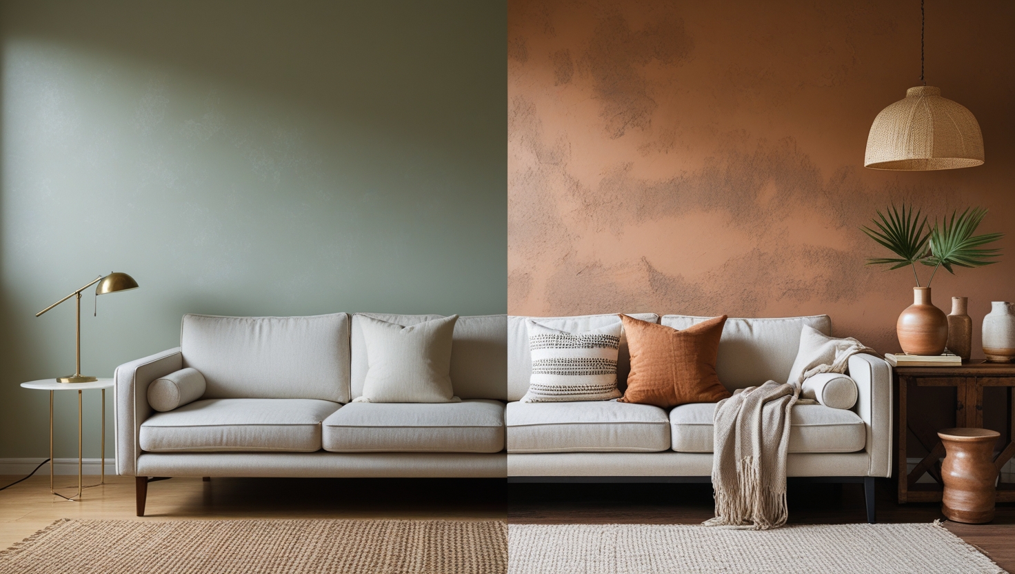 Split-image before-and-after of a living room: Left shows a plain white wall; right shows the same wall with chic textured paint, warm lighting, and cozy decor.