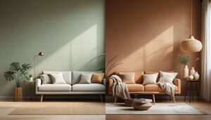 Split-image before-and-after of a living room: Left shows a plain white wall; right shows the same wall with chic textured paint, warm lighting, and cozy decor.