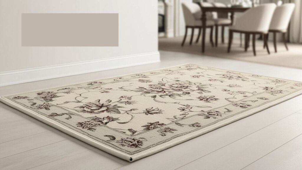 Handwoven jute boho rug with fringe laid on wooden floor