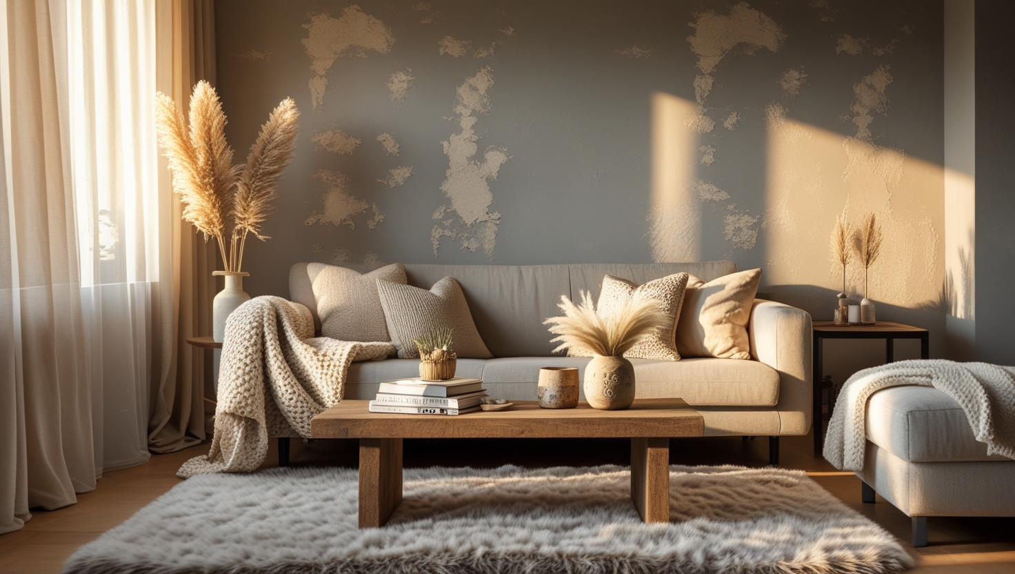 Cozy living room with textured beige painted walls and warm lighting