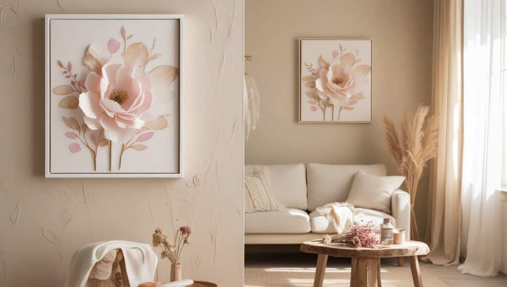 Gallery wall of mixed-frame wall art, flower designs above a beige couch